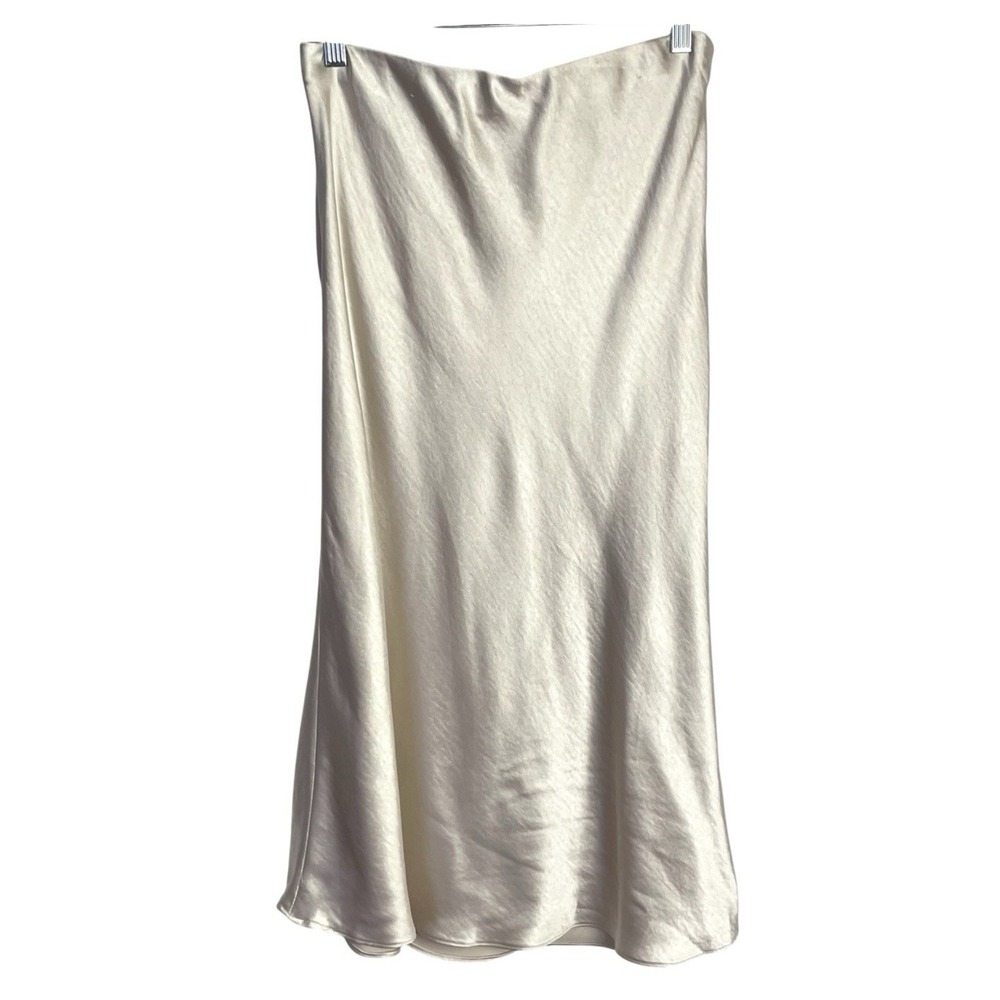 Skylar + Madison Satin Midi Skirt Size L Ivory Beige Bias Cut Elastic Pull On